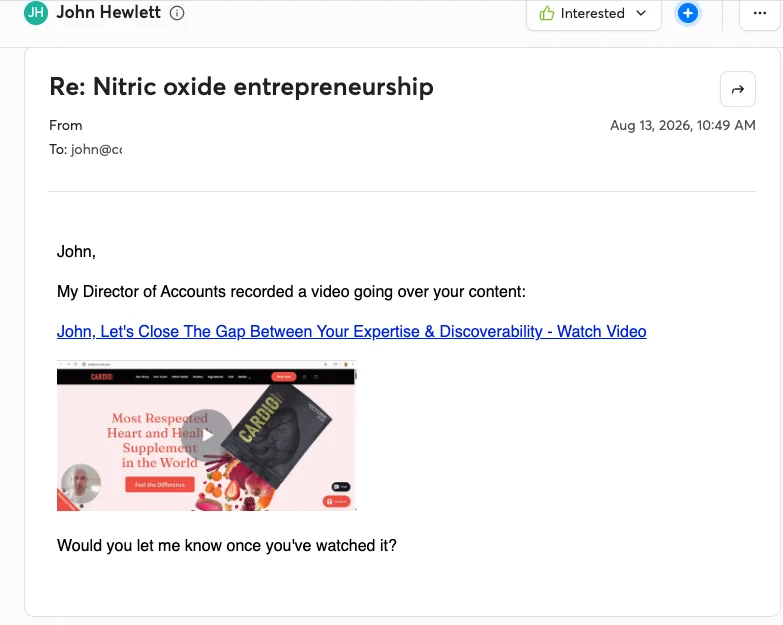 Outreach email in the recipient's inbox showing a personal video thumbnail, prospect details redacted